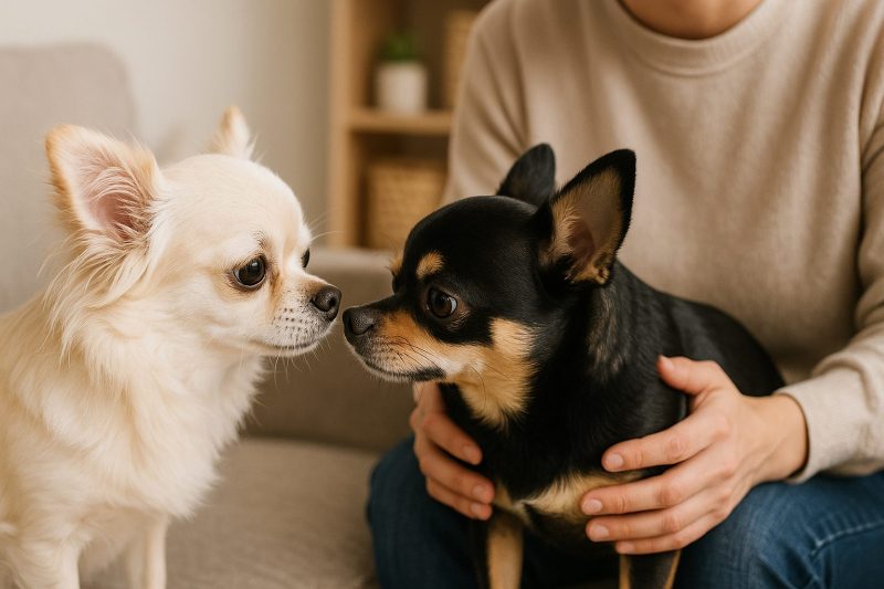 日本のリビングで、クリーム色と黒のチワワが鼻先を合わせて穏やかに見つめ合う様子をリアルに撮影した横長16:9構図の画像。飼い主が優しく見守る中、仲の悪いチワワ同士を仲良くさせるステップを表現したシーン。