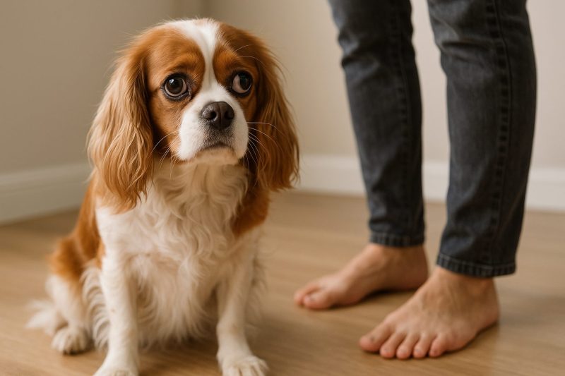 日本の室内で、茶白の小型犬が飼い主の足元で少し不安そうな表情を見せている様子をリアルに撮影した横長16:9構図の画像。多頭飼いに向かない犬の特徴や性格の見極めを象徴するシーン。