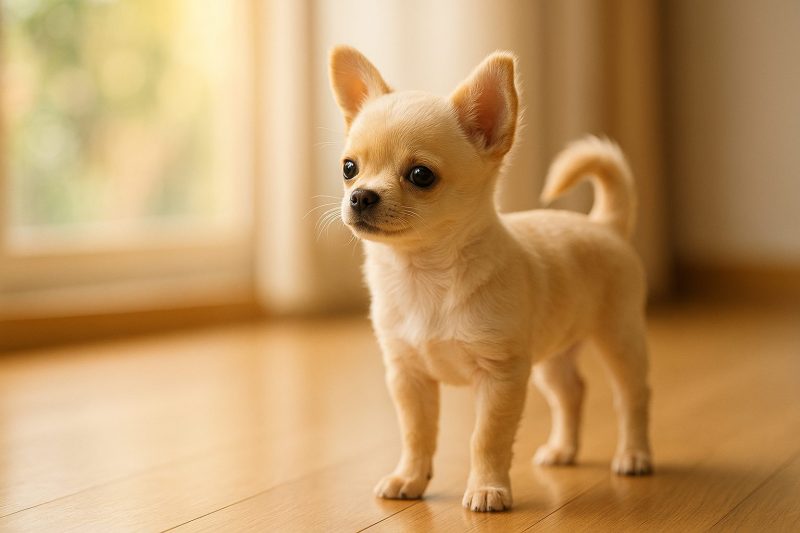 柔らかな自然光の中で健やかに成長するチワワの子犬を横長16:9構図で撮影したフォトリアルな写真。ペコ(泉門)が閉じていく時期をイメージした温かみのある成長シーン