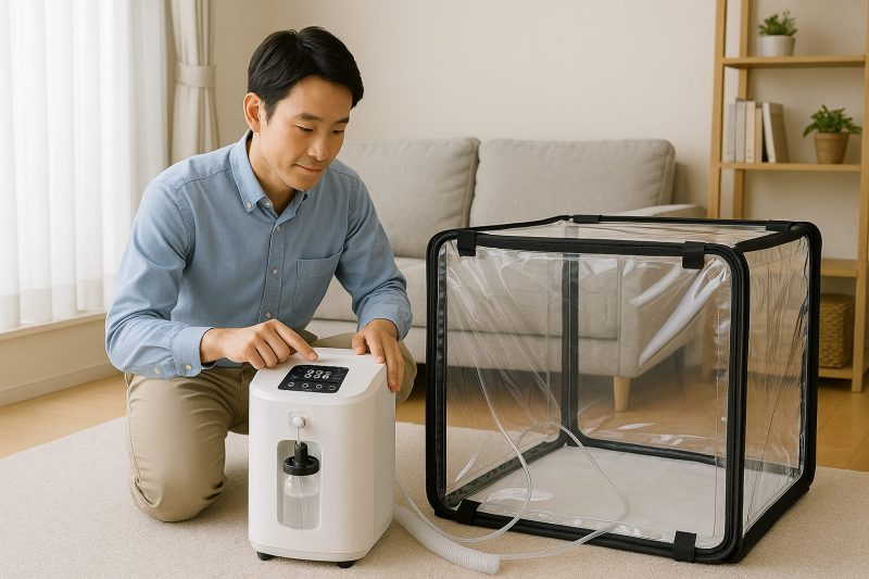 日本の明るいリビングで柴犬が透明な酸素室の中に入り、隣で飼い主の女性が酸素発生器を操作している様子を16:9構図でフォトリアルに表現した画像。家庭での安全なペットケアと安心感を伝える