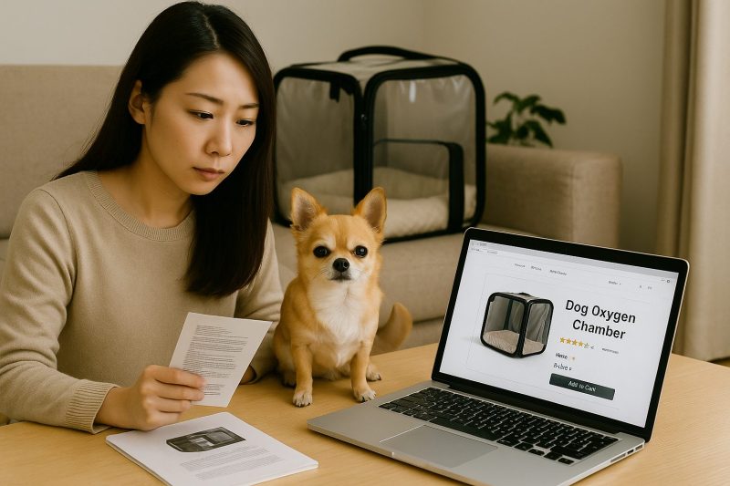 チワワが酸素室のそばに座り、飼い主の日本人女性がノートパソコンで犬用酸素室の購入ページを見ながら製品の特徴を確認している16:9構図のリアルな写真風画像。明るいリビングで慎重に比較している様子。