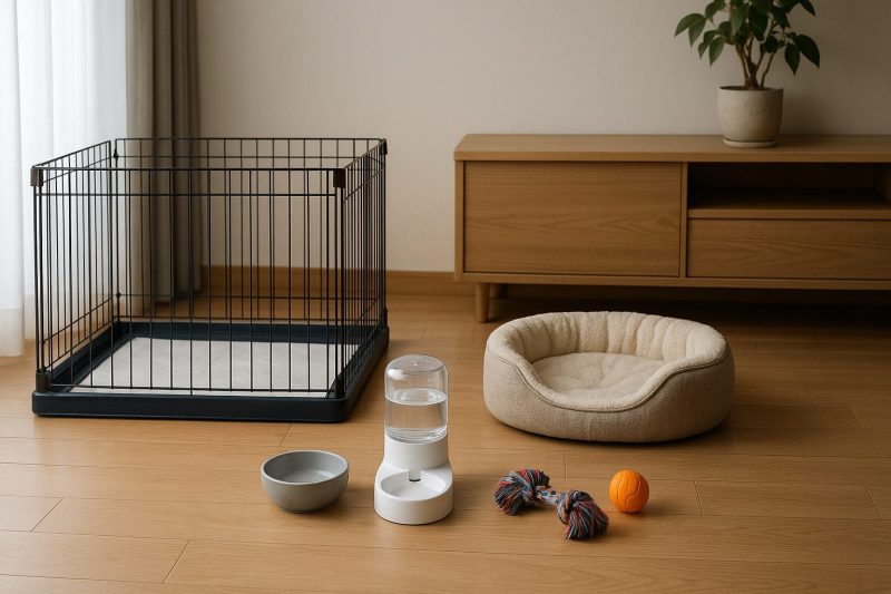 清潔で整った日本のリビングに、チワワ用のケージ・給水器・食器・おもちゃが美しく並ぶ様子を描いたフォトリアル画像。飼育準備の安心感を表現した16:9構図。