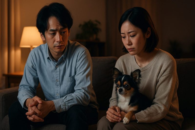「夕方のリビングで日本人夫婦がチワワを抱きながら穏やかに見つめ合う様子を16:9構図で描いたフォトリアル画像。飼育への思いや後悔しない心構えを象徴。
