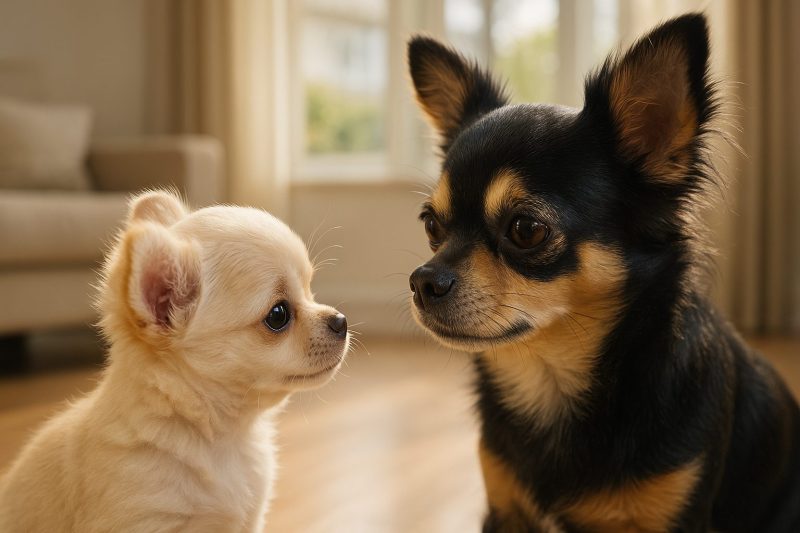 日本のリビングで、チワワの成犬と子犬が穏やかに見つめ合う様子をリアルに撮影した横長16:9構図の画像。2匹目を迎えるタイミングを象徴する温かい雰囲気のシーン。