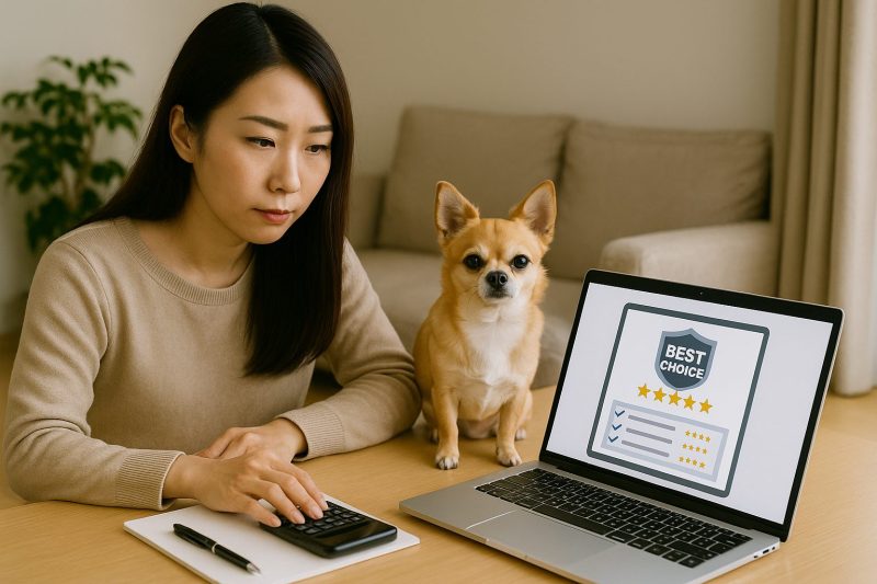 「チワワが飼い主のそばに座り、飼い主の日本人女性がパソコン画面で信頼できる酸素室レンタル業者の情報を慎重に確認している16:9構図のリアルな写真風画像。明るい自然光が差し込む落ち着いた室内。」