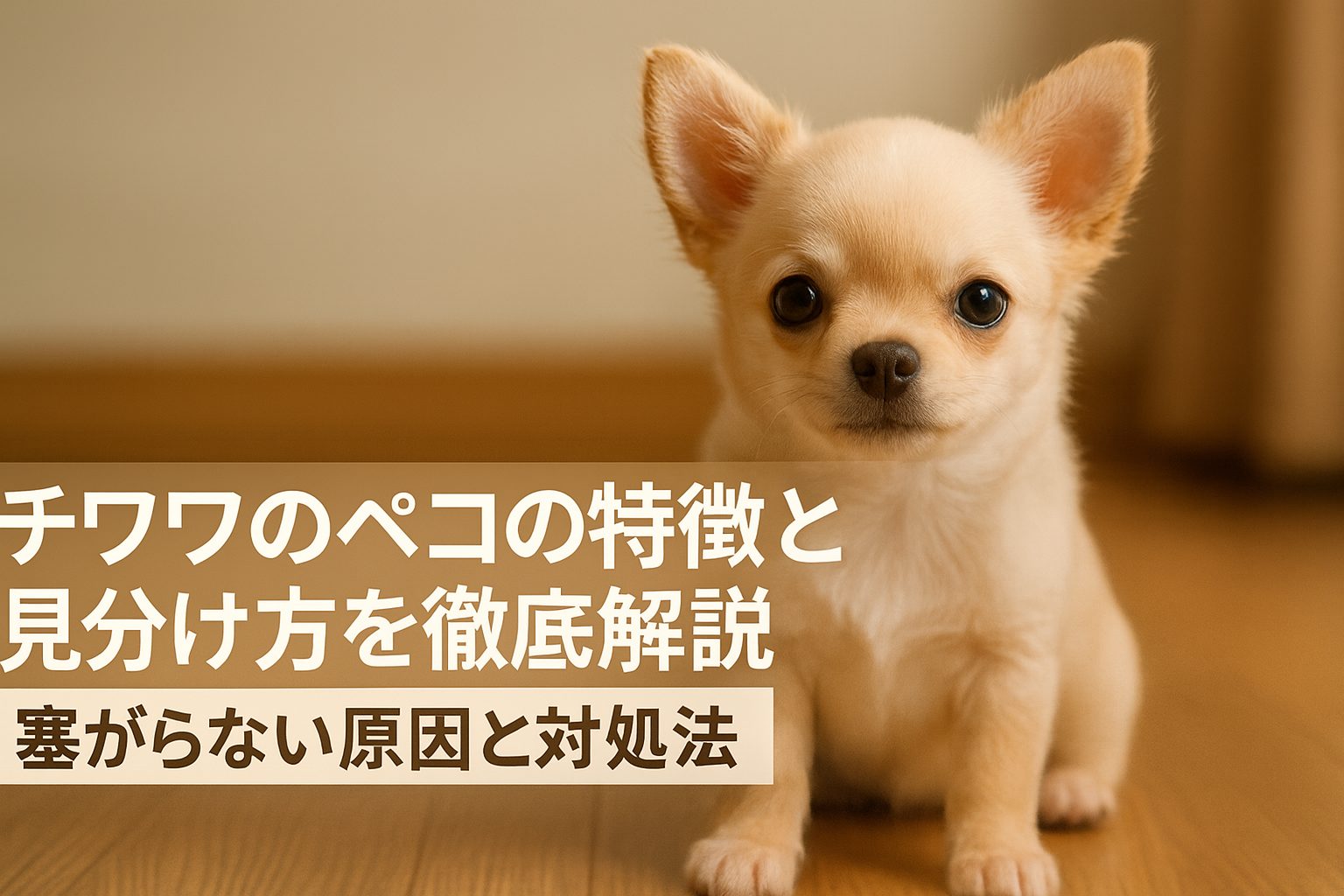 柔らかな自然光の中、木の床に座る日本のチワワの子犬を16:9構図で撮影したフォトリアル画像。左側に記事タイトルが読みやすく配置され、チワワのペコの特徴と対処法を解説するアイキャッチとして最適化されています。