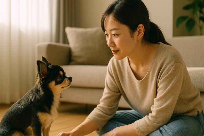 日本のリビングで女性がチワワと優しく見つめ合う様子を描いたフォトリアル画像。飼う前の心構えと後悔しないための思いやりを表現した16:9構図。