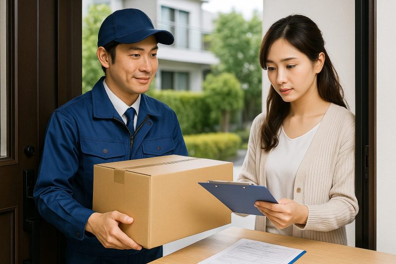 日本のリビングで女性が子犬を抱きながら酸素発生器の説明書を確認し、テーブルにはノートパソコンと機器が置かれている様子を16:9構図でリアルに表現した画像。明るく清潔感のある在宅ケアシーン