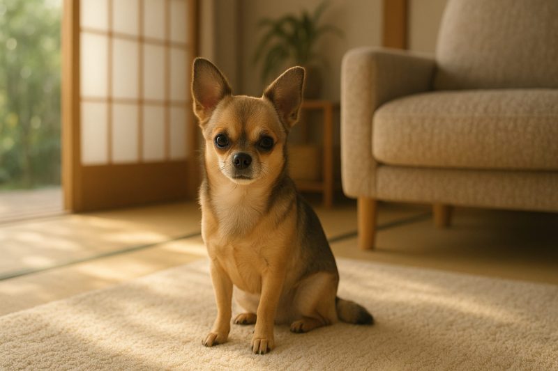 「自然光が差し込む日本のリビングで、穏やかに座るチワワを描いたフォトリアル画像。共働き家庭での留守番に向く静かで落ち着いた性格を象徴する16:9構図。