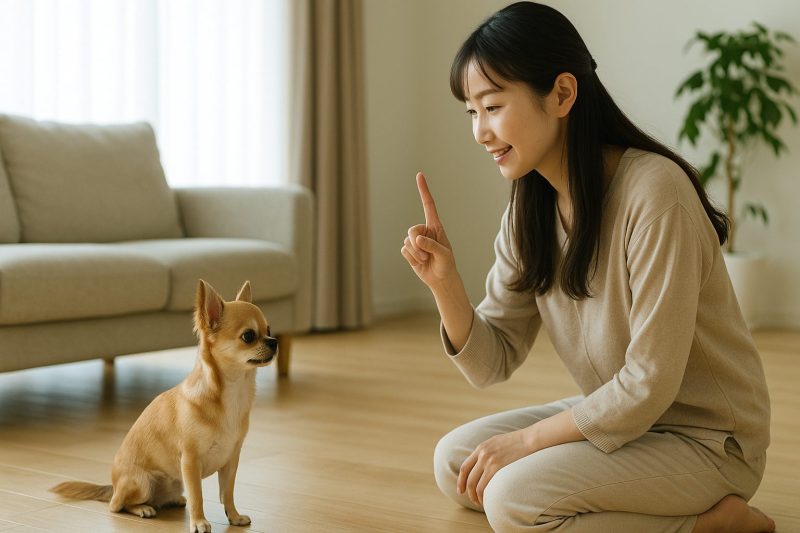 明るい日本のリビングで、女性がチワワに優しくしつけを行う様子を描いたフォトリアル画像。信頼関係と落ち着いたトレーニング環境を表現した16:9構図。