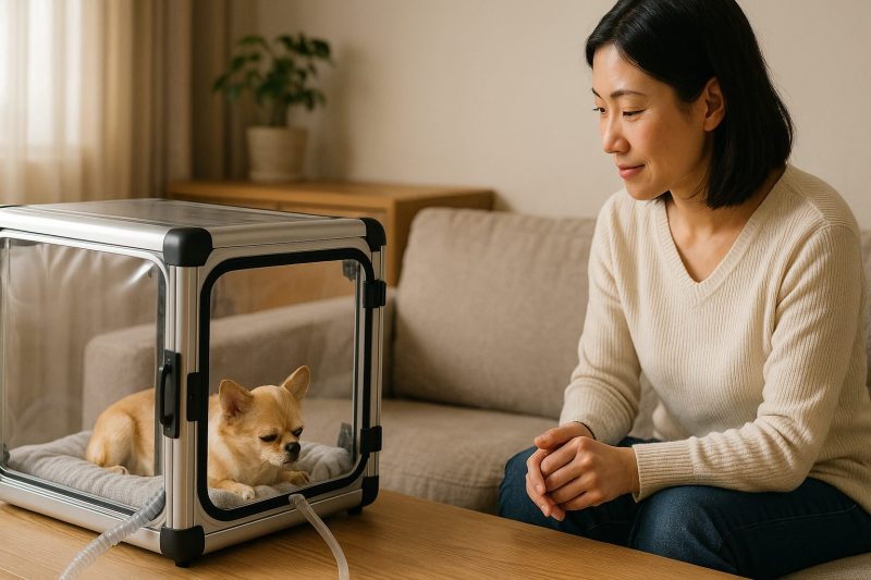チワワが透明な酸素室の中で穏やかに休む様子を日本の家庭のリビングで撮影したリアルな写真風の16:9構図。飼い主が安心して見守る姿から、安全な使い方のイメージを伝える画像。