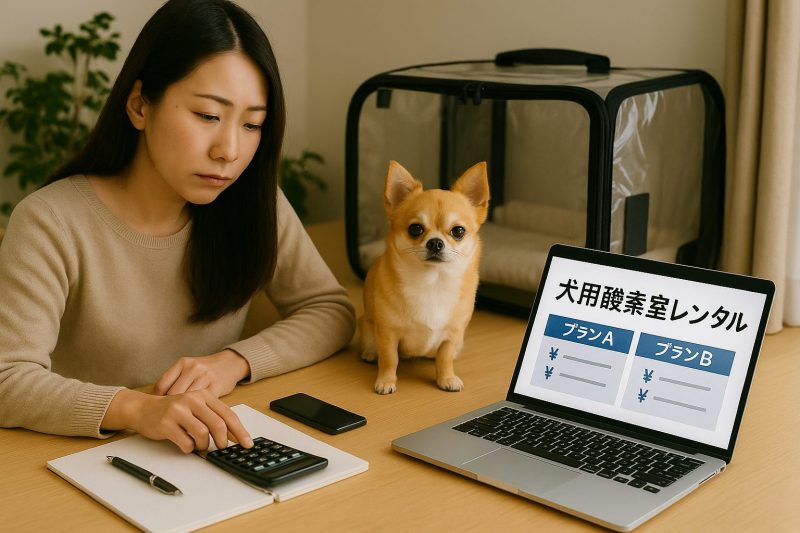 チワワが酸素室のそばで座り、飼い主の日本人女性がノートパソコンで『犬用酸素室レンタル』のプランA・プランBを見ながら料金を比較しているリアルな写真風の16:9構図の画像。家庭的で明るい室内。