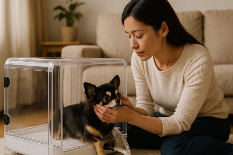 チワワが酸素室の入口で不安そうにしている様子を、飼い主の日本人女性が優しく顔をなでて落ち着かせているシーン。リアルな写真風で、温かく穏やかなリビングに光が差し込む16:9構図の画像。