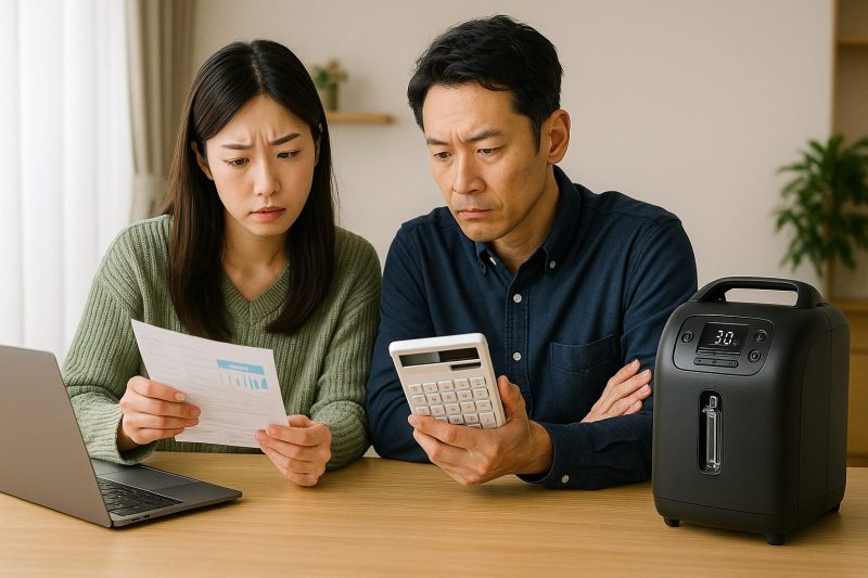 日本のリビングで夫婦が電卓と電気料金の明細書を見ながら酸素発生器の消費電力を確認している様子を16:9構図でリアルに表現した画像。家庭のコスト管理と省エネ意識を示すシーン