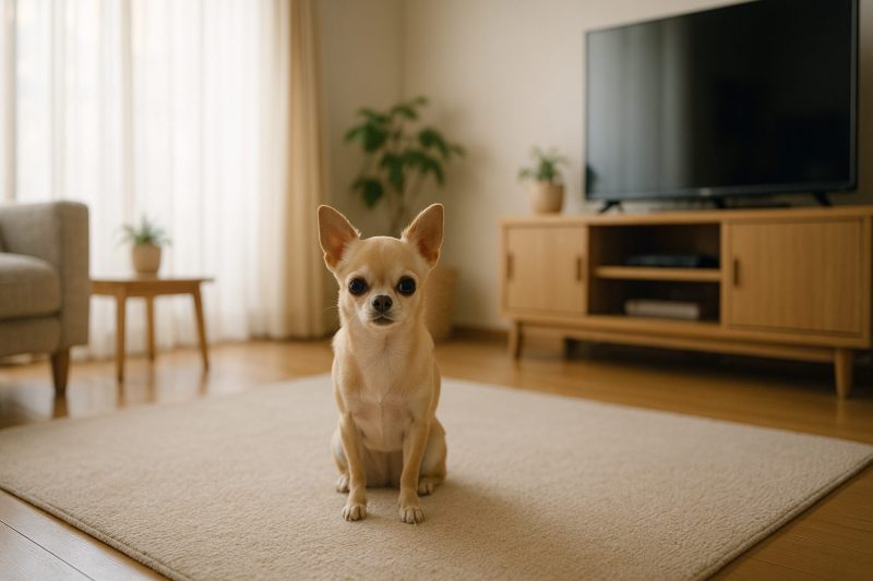 昼下がりの明るいリビングで、チワワがひとり静かに飼い主の帰りを待つ姿を16:9構図で描いたフォトリアル画像。穏やかさと少しの寂しさを表現。