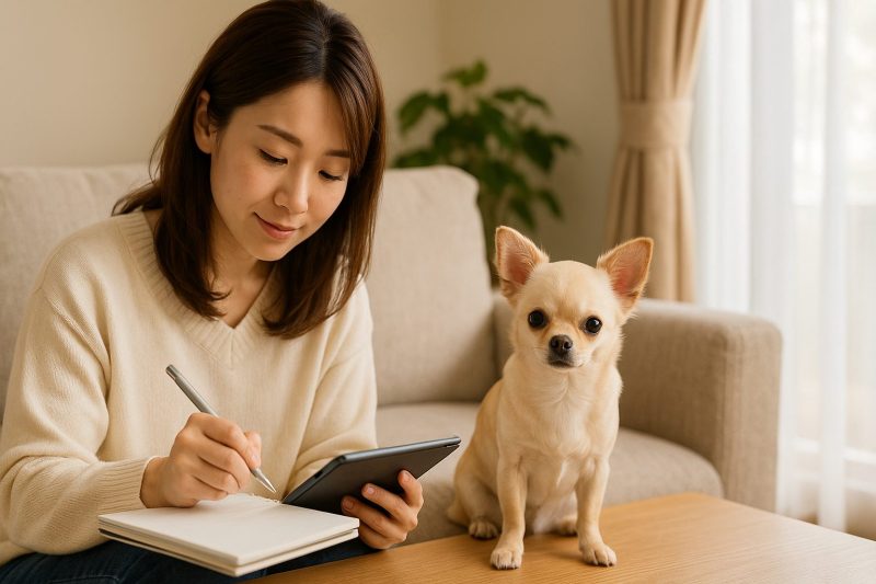 明るいリビングで日本人の飼い主がチワワのそばでノートに記録を取りながら観察しているフォトリアルな写真。穏やかな光が差し込み、ペコの経過観察を丁寧に続ける様子を温かく表現している。