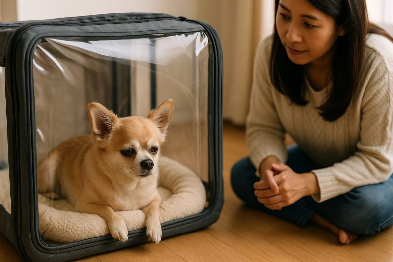 チワワが酸素室の中で少し疲れた様子を見せながら穏やかに休み、飼い主が優しく見守る日本のリビングのリアルな写真風16:9構図の画像。温かい光が差し込む安心感のあるシーン。