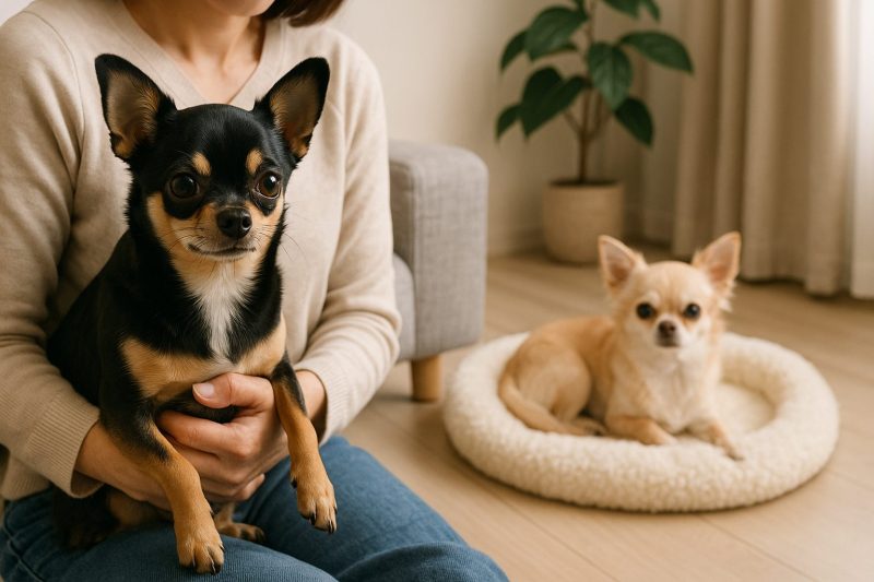 日本のリビングで、黒いチワワを抱く飼い主と、後ろでベッドに座るクリーム色のチワワが穏やかに過ごす様子をリアルに撮影した横長16:9構図の画像。多頭飼いの悩みを解消する穏やかな家庭の雰囲気を表現。
