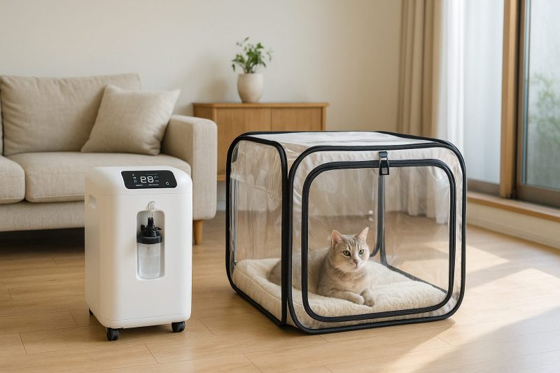 明るい日本のリビングで、オーツーチャージの酸素発生器と透明なペット用酸素室が並び、清潔感と安心感のある雰囲気を16:9横長構図でリアルに表現した画像