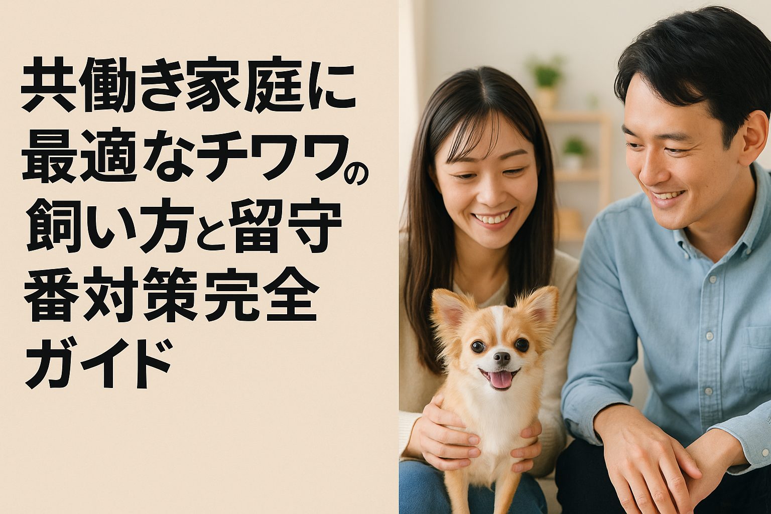 共働きの日本人夫婦がチワワと温かく触れ合うリビングの様子を16:9構図で表現したアイキャッチ画像。安心感と家庭的な雰囲気で記事への興味を誘うデザイン。