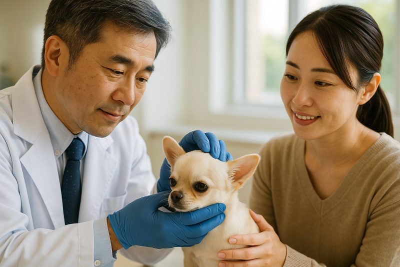 明るい動物病院の診察室で、獣医師がチワワの頭部を優しく確認し、飼い主が安心して見守る様子を横長16:9構図で撮影したフォトリアルな写真。ペコが塞がらない原因と対処の専門的な診察シーンを表現。