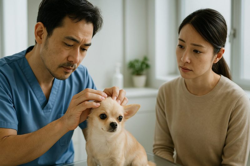 動物病院で獣医師がチワワの頭部を丁寧に診察し、飼い主が真剣に見守る様子を横長16:9構図で撮影したフォトリアルな写真。ペコと水頭症の関係を理解する慎重な診察場面を表現している。