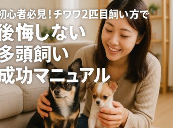 日本人女性がリビングで2匹のチワワ（成犬と子犬）と穏やかに過ごす様子をリアルな写真で表現した横長16:9のアイキャッチ画像。記事タイトル『初心者必見！チワワ 2 匹目 飼い方で後悔しない多頭飼い成功マニュアル』が中央上部に配置され、読者の興味を引くデザイン。
