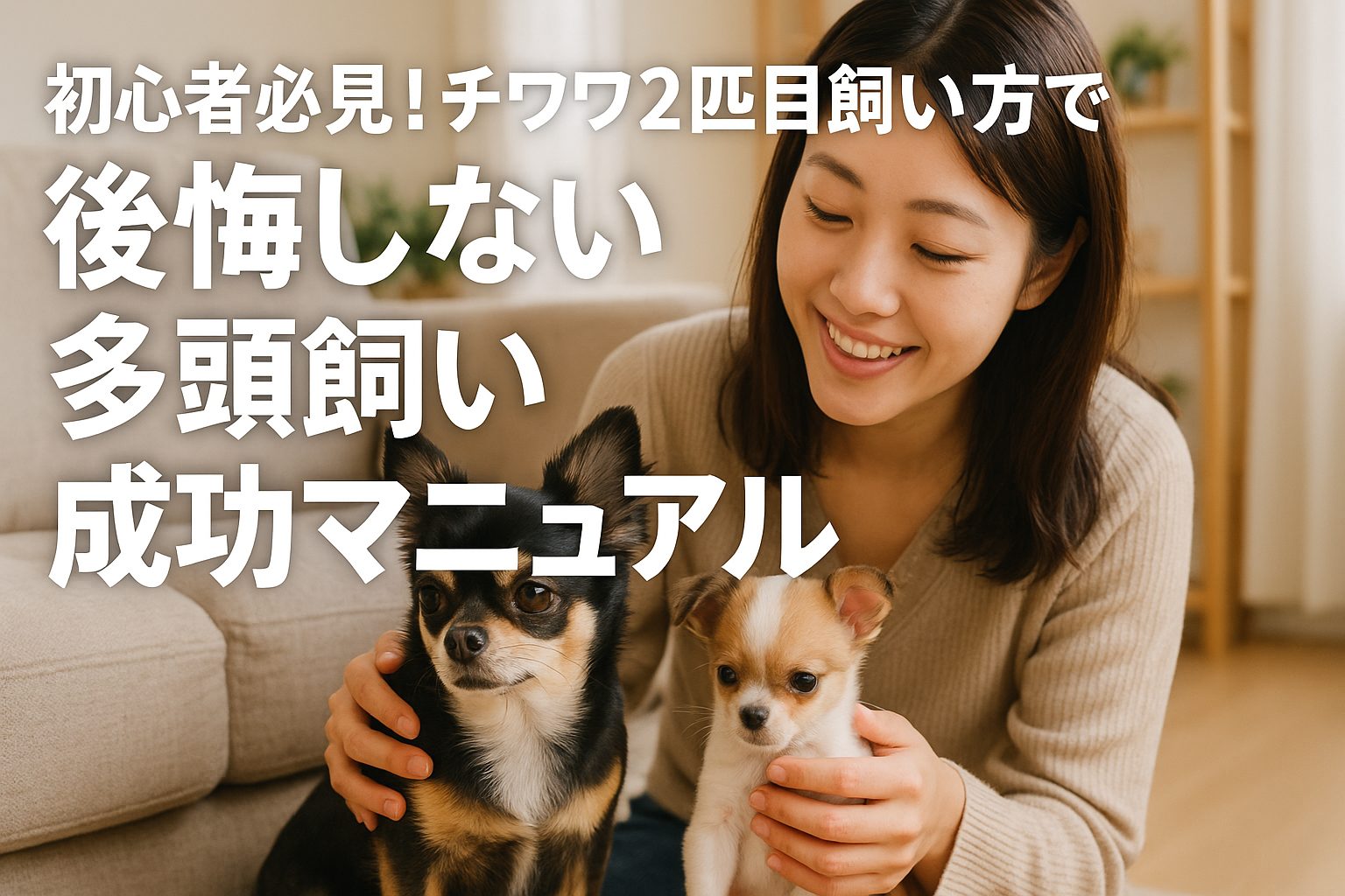 日本人女性がリビングで2匹のチワワ（成犬と子犬）と穏やかに過ごす様子をリアルな写真で表現した横長16:9のアイキャッチ画像。記事タイトル『初心者必見！チワワ 2 匹目 飼い方で後悔しない多頭飼い成功マニュアル』が中央上部に配置され、読者の興味を引くデザイン。