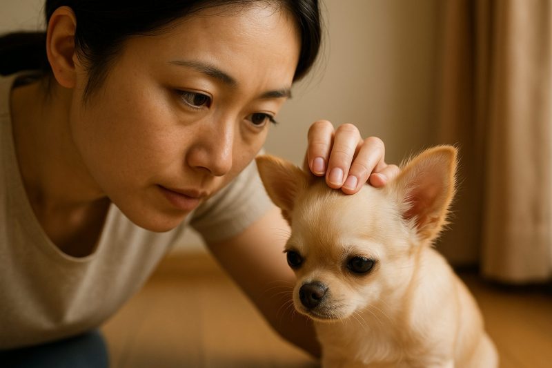 日本人の飼い主が室内でチワワの頭部を優しく観察している様子を横長16:9構図で撮影したフォトリアルな写真。ペコの異常を見極める慎重で思いやりある行動を表現している。