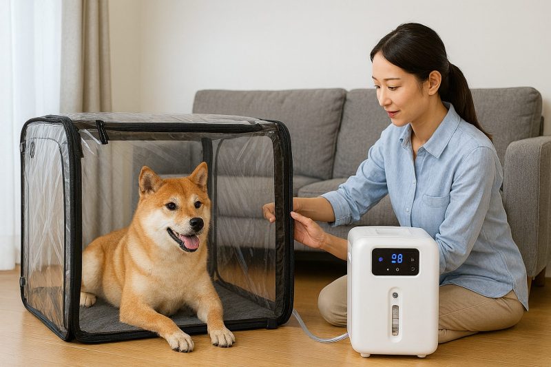 日本の明るいリビングで柴犬が透明な酸素室の中に入り、隣で飼い主の女性が酸素発生器を操作している様子を16:9構図でフォトリアルに表現した画像。家庭での安全なペットケアと安心感を伝える