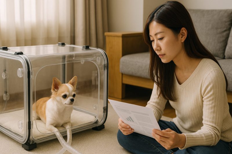チワワが酸素室の中で落ち着いて座り、飼い主の日本人女性がそばで資料を確認しながら慎重に様子を見守る16:9構図のリアルな写真風画像。自然光が差し込む明るい室内で、理解と安心感を表現。