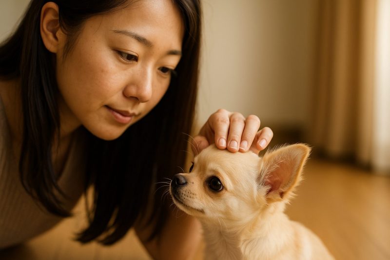 日本人の飼い主が柔らかな自然光の差し込む室内でチワワの頭部を優しく観察している様子を16:9構図で写したフォトリアルな写真。ペコ(泉門)を理解するセクションに最適な安心感のあるイメージ。