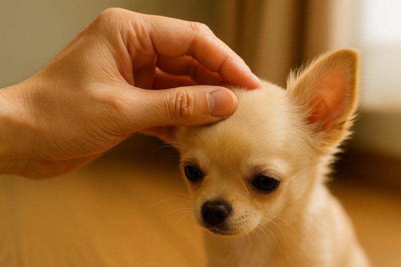 柔らかな光の中で日本人の飼い主がチワワの子犬の頭頂部を優しく指で触れながら観察している様子を16:9構図で写したフォトリアルな写真。ペコの位置や観察方法を伝える温かみのあるイメージ。