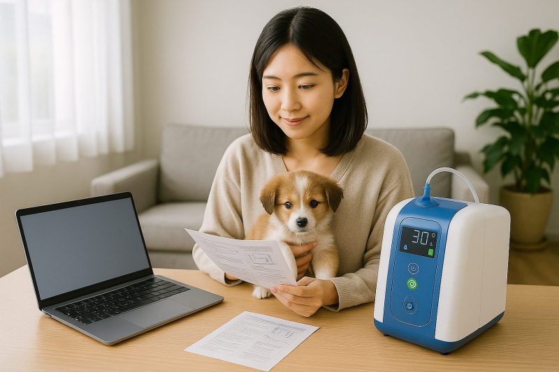 日本のリビングで女性が子犬を抱きながら酸素発生器の説明書を確認し、テーブルにはノートパソコンと機器が置かれている様子を16:9構図でリアルに表現した画像。明るく清潔感のある在宅ケアシーン