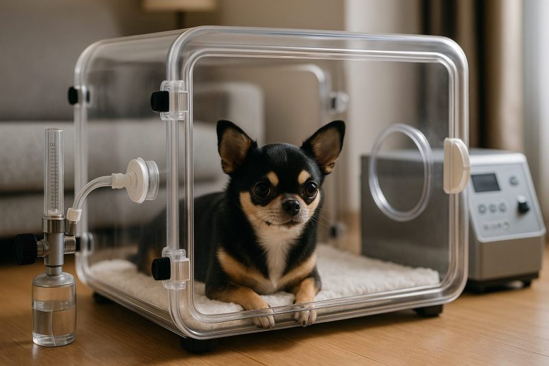 黒と茶のチワワが透明な酸素室の中で落ち着いて横たわる様子をリアルな写真風で撮影した16:9構図の画像。酸素供給装置やホースが接続され、安全に使用されていることを示す静かな室内シーン。