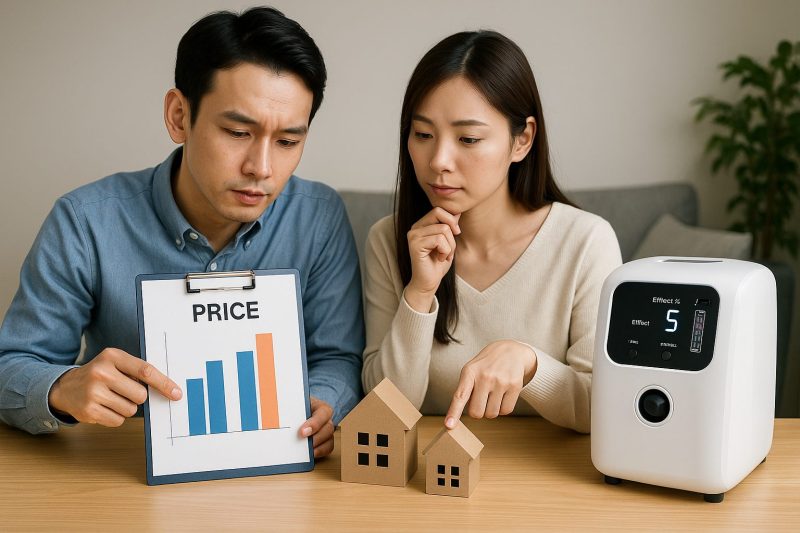 日本のカップルがテーブルで価格表を確認し、酸素発生器を横に置いて比較検討している様子を16:9構図でリアルに表現した画像。購入とレンタルのコスト差を考える穏やかなシーン