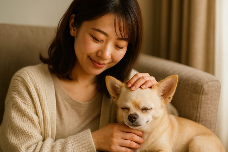 柔らかな自然光の差す部屋で、日本人の飼い主がチワワの頭を優しく撫でているフォトリアルな写真。互いに安心した表情を浮かべ、愛情と信頼に満ちた穏やかな見守りの時間を描いている。