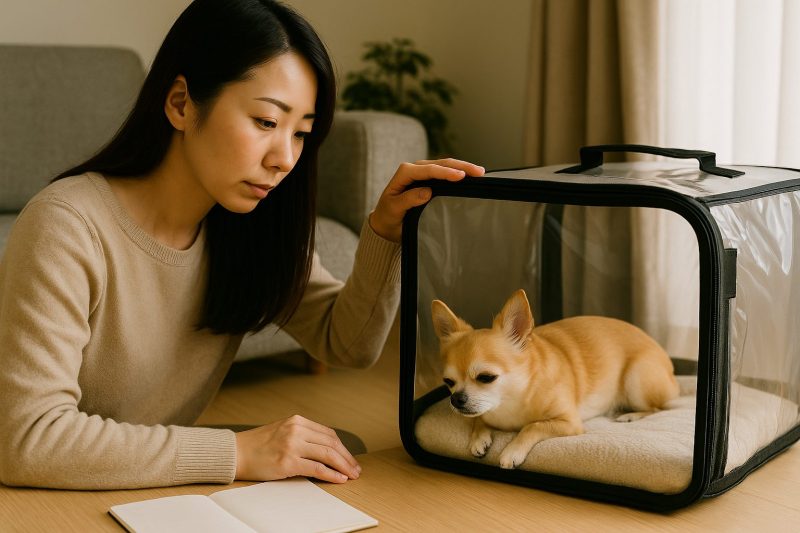 チワワが酸素室の中で穏やかに休み、飼い主の日本人女性がそばで優しく見守る16:9構図のリアルな写真風画像。自然光が差し込む明るいリビングで、使用期間を見極めながら愛犬を気遣う様子。