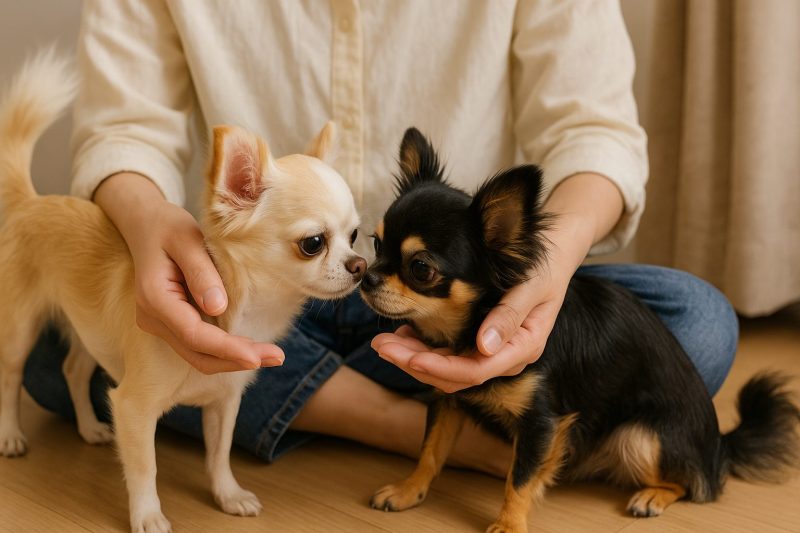 日本の室内で、クリーム色と黒のチワワが飼い主に優しく支えられながら鼻を合わせる様子をリアルに撮影した横長16:9構図の画像。仲の悪いチワワ同士が信頼を取り戻す場面を表現。