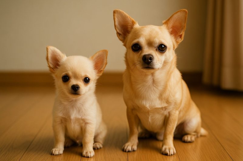 室内の自然光の中で並んで座る成犬と子犬のチワワを横長16:9構図で写したフォトリアルな写真。成長に伴う体格や頭部の変化を自然に表現している。