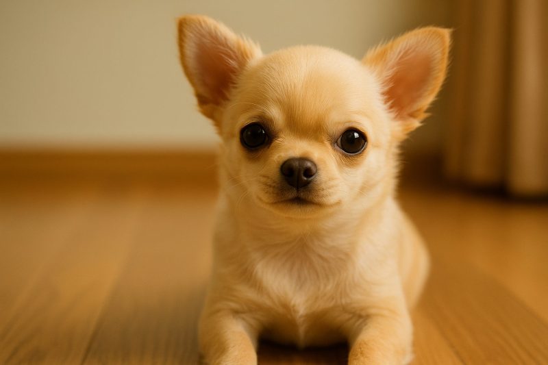 自然光に包まれた室内で木の床の上に座るチワワの子犬を16:9構図で写したフォトリアルな写真。優しい表情でこちらを見つめ、ペコ(泉門)に関する基本情報を紹介する導入イメージとして最適