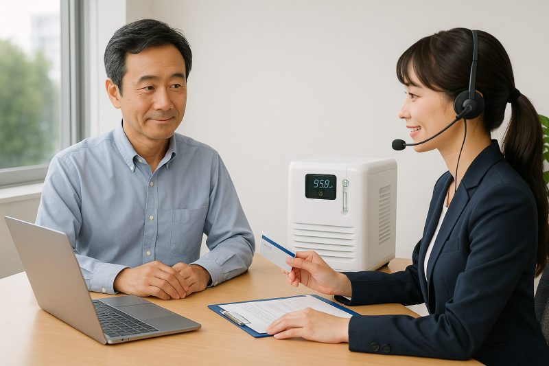 日本のオフィスで女性スタッフがヘッドセットを付け、男性顧客と笑顔で対応している様子を16:9構図でリアルに描いた画像。酸素発生器を横に置き、購入相談とサポート体制の信頼感を表現