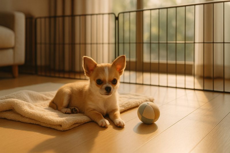 日本の明るいリビングで、チワワの子犬が柔らかい毛布の上で穏やかに過ごす様子を描いたフォトリアル画像。安心感と温かさを感じる16:9構図。
