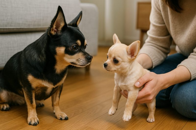 日本のリビングで、成犬のチワワと子犬のチワワが初めて対面する瞬間をリアルに撮影した横長16:9構図の画像。飼い主が子犬を優しく支えながら、先住犬との自然な引き合わせを行う様子。