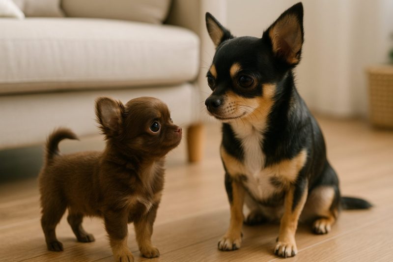 日本の明るいリビングで、チワワの子犬と成犬が穏やかに見つめ合う様子をリアルに撮影した横長16:9構図の画像。2匹目のチワワを迎える際の基本ポイントを象徴する温かいシーン。