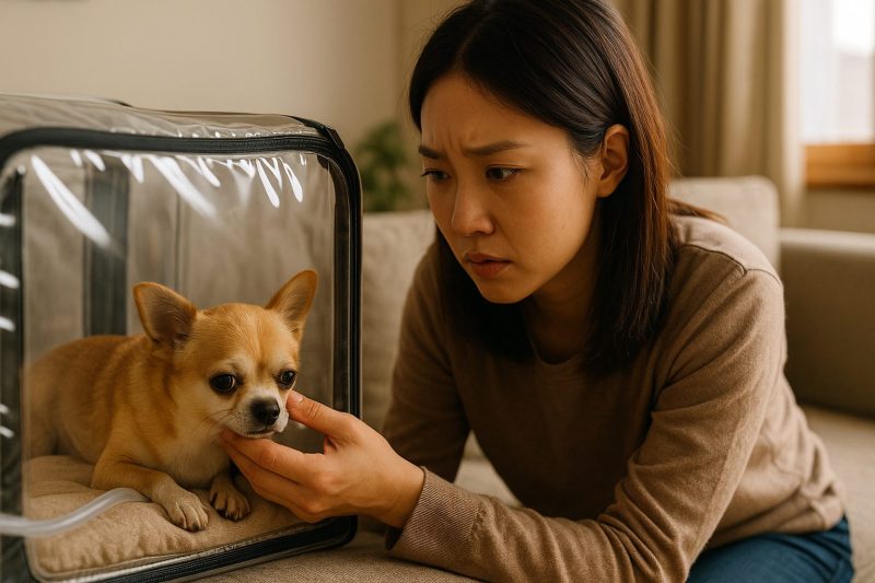 チワワが酸素室の中で少し苦しそうにしている様子を、飼い主の日本人女性が心配そうに顔を近づけて確認する姿をリアルな写真風で描いた16:9構図の画像。室内に柔らかい自然光が差し込む落ち着いた雰囲気。