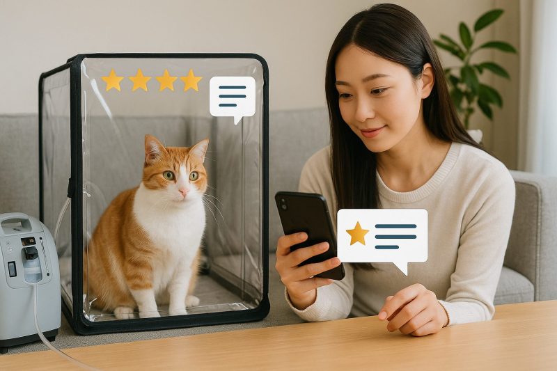 日本のリビングで女性がスマートフォンを見ながら笑顔でレビューを確認し、隣には酸素室内の猫が座っている様子を16:9構図でリアルに表現した画像。口コミ評価の信頼性と安心感を伝えるシーン