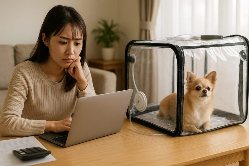 チワワが酸素室の中で落ち着いて座り、飼い主の日本人女性がノートパソコンと書類を見ながら費用を検討している様子をリアルな写真風で描いた16:9構図の画像。明るい室内で慎重に判断する雰囲気。