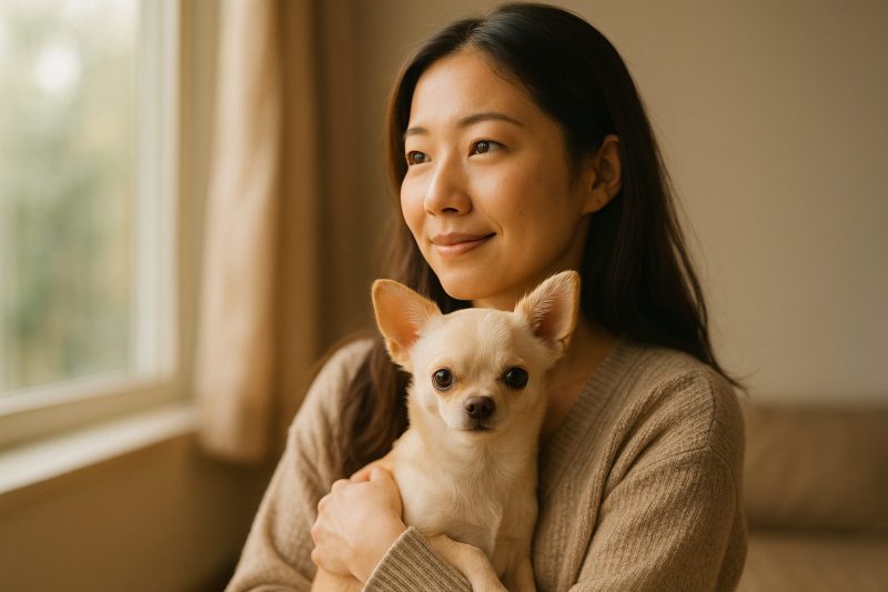 明るい窓辺で日本人の飼い主がチワワを優しく抱きしめ、穏やかな表情で見つめるフォトリアルな写真。自然光が差し込み、ペコの回復と希望を象徴する温かい雰囲気を表現している。