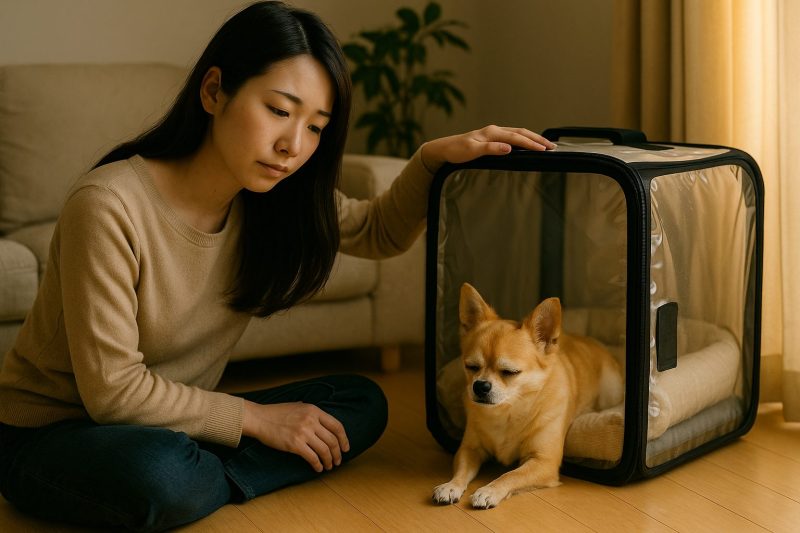 チワワが酸素室の中で静かに横たわり、飼い主の日本人女性がそばに座って優しく見守る16:9構図のリアルな写真風画像。柔らかい夕方の光に包まれた室内で、穏やかで温かい時間を描く。